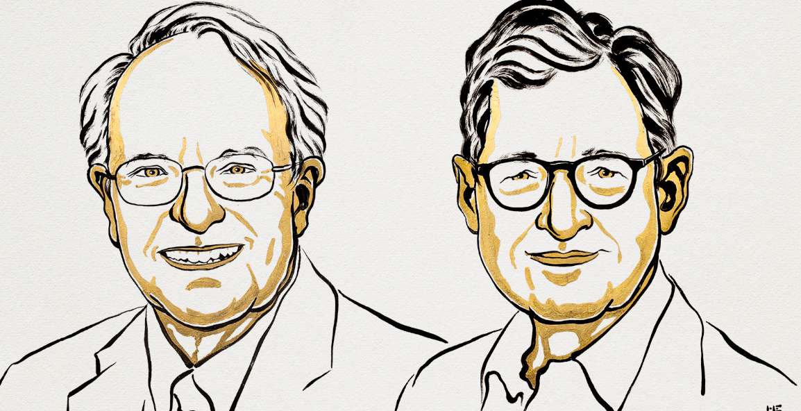 Stylized sketch of two smiling men in suits and glasses, facing forward.
