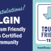 Elgin earns Tourism‑Friendly Texas Certified Community badge, shown as a split dark blue and teal graphic with the certification message.