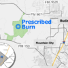 Map highlighting a prescribed burn area in green west of Buda, near Mountain City, Texas, with an inset showing Hays region.