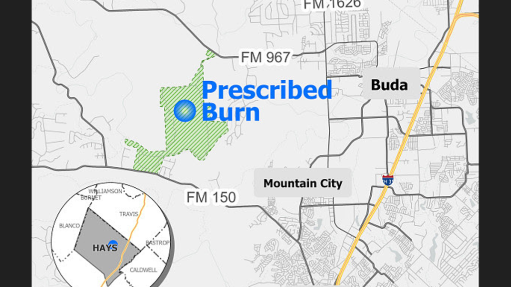 Map highlighting a prescribed burn area in green west of Buda, near Mountain City, Texas, with an inset showing Hays region.