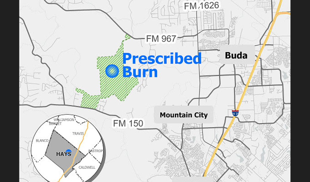 Map highlighting a prescribed burn area in green west of Buda, near Mountain City, Texas, with an inset showing Hays region.